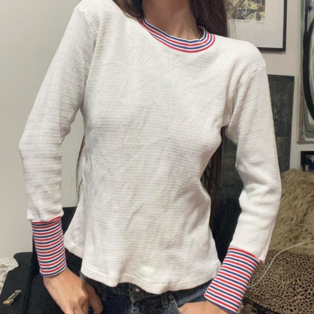 Vintage White Long Sleeve Ribbed Tee with Red & Navy Stripe Trim